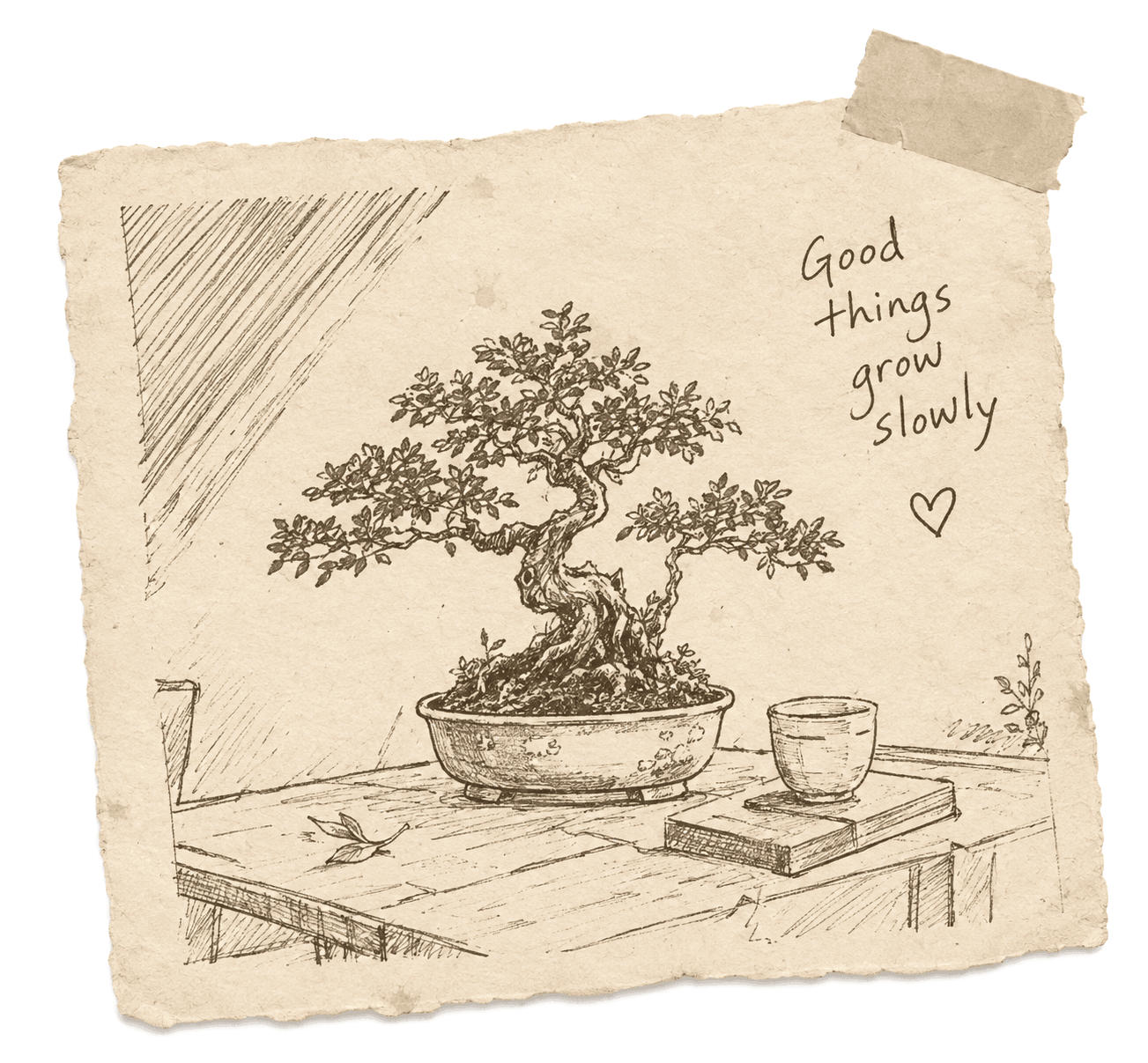 A pencil sketch of a bonsai on a bench beside a cup and a book, drawn on a taped slip of paper
